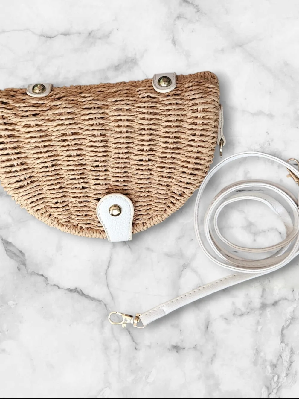 Woven Straw Crossbody Bag with White Trim Summer Clutch Neutral